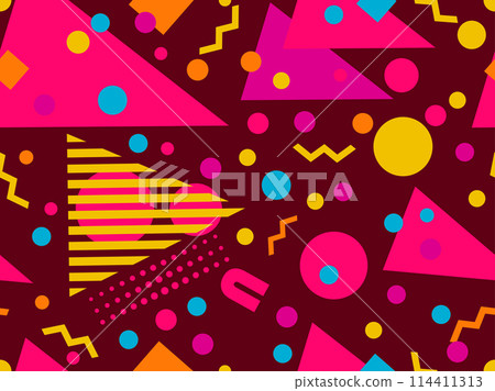 Geometric seamless pattern with memphis elements in 80s style. Colorful geometric pattern. Design of promotional products, wrapping paper and printing. Vector illustration Geometric seamless pattern with memphis elements in 80s style. Colorful geometric pattern. Design of promotional products, wrapping paper and printing. Vector illustration 114411313