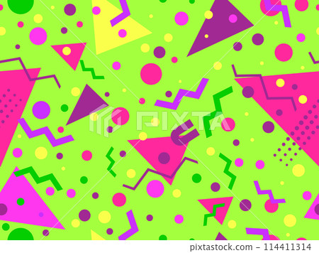 Geometric seamless pattern with memphis elements in 80s style. Colorful geometric pattern. Design of promotional products, wrapping paper and printing. Vector illustration Geometric seamless pattern with memphis elements in 80s style. Colorful geometric pattern. Design of promotional products, wrapping paper and printing. Vector illustration 114411314
