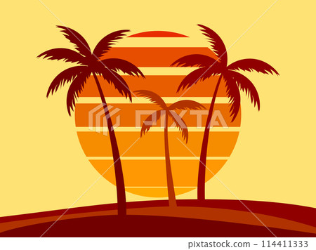 Tropical palm trees at sunset in a futuristic 80s style. Summer time, silhouettes of palm trees in synthwave and retrowave style. Design of advertising booklets and banners. Vector illustration 114411333