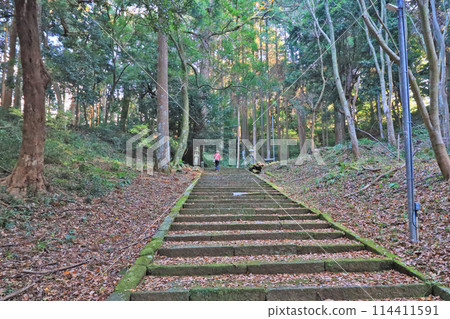 福岡縣嘉間市山上的鮮味神社參道上行走的人 114411591