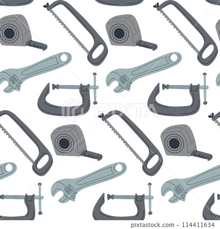 Flat seamless pattern with repairing tools isolated on white background. Sustainability and upgrade concept. Vector hand drawn elements. Industrial concept 114411634