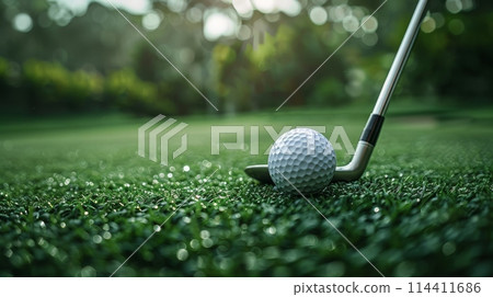 Close-up image of a golf ball and club on lush green fairway. Summer Olympic Games, sports equipment Close-up image of a golf ball and club on lush green fairway. Summer Olympic Games, sports equipment 114411686