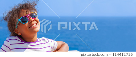 Mixed Race African American Girl Child Sunglasses By Sea Panorama 114411736