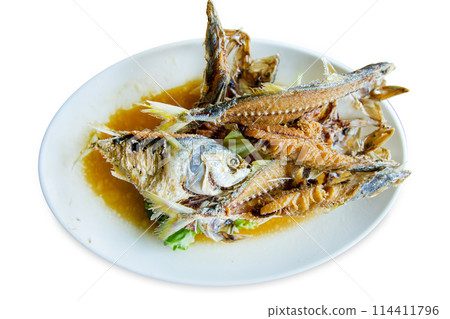 Top view of Fried mackerel scorched with fish sauce, focus selective Top view of Fried mackerel scorched with fish sauce, focus selective 114411796
