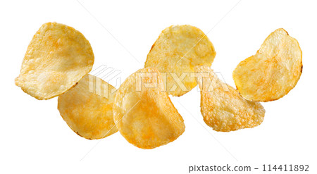 Potato chips flying on a white background. Isolated Potato chips flying on a white background. Isolated 114411892