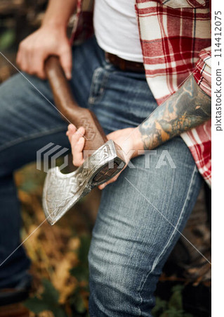 close up man in checkered shirt sitting on logs and holding axe close up man in checkered shirt sitting on logs and holding axe 114412075
