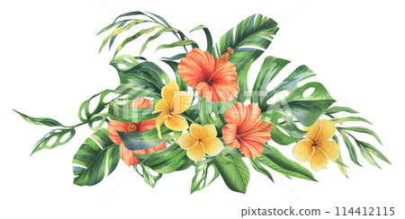 Tropical palm leaves, monstera and flowers of plumeria, hibiscus, bright juicy. Hand drawn watercolor botanical illustration. Composition isolated from the background 114412115