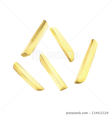 White potato slices, peeled, long sticks for French fries. Watercolor illustration, hand-drawn on the theme of harvest, cooking, food, vegetable shop design. Set of elements isolated from background. 114412129