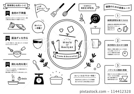 Cooking, meal and recipe frame and decoration illustration set Kitchen decorations Ribbons Tableware Pots Plates 114412328