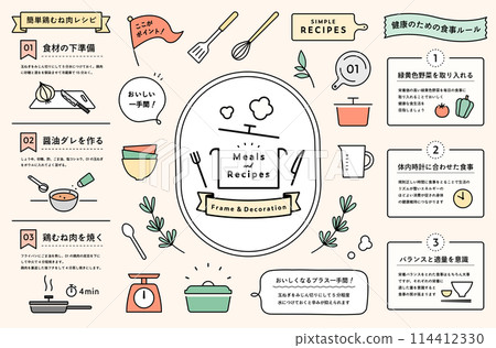 用於烹飪、膳食、食譜、廚房裝飾、絲帶、餐具、鍋子、盤子的框架和裝飾的插圖集 用於烹飪、膳食、食譜、廚房裝飾、絲帶、餐具、鍋子、盤子的框架和裝飾的插圖集 114412330