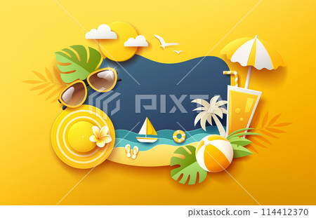 Summer holiday fun, with tropical green leaf on sea beach, paper cut concept 114412370