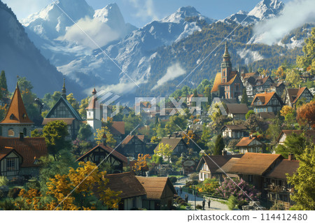 Idyllic alpine village in autumn 114412480