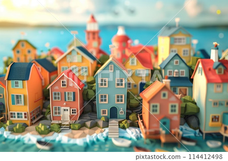 Whimsical 3d illustration of a vibrant, picturesque seaside town with charming houses Whimsical 3d illustration of a vibrant, picturesque seaside town with charming houses 114412498