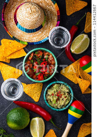 Traditional Mexican food nachos, salsa, guacamole, tequila. Traditional Mexican food nachos, salsa, guacamole, tequila. 114412667