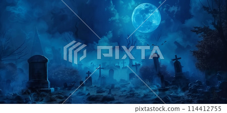 A spooky graveyard with tombstones, fog and full moon 114412755