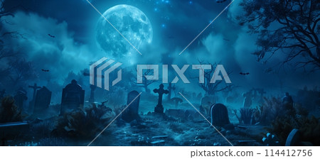 A spooky graveyard with tombstones, fog and full moon A spooky graveyard with tombstones, fog and full moon 114412756
