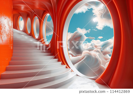 Dreamy, vibrant red corridor with circular windows opening to a sky with clouds 114412869