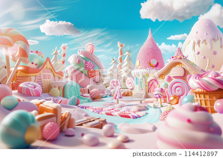 Whimsical candy land landscape with vibrant, playful and dreamy digital art illustration of a colorful village and confectionery dessert, featuring lollipop world, gingerbread house, and ice cream 114412897
