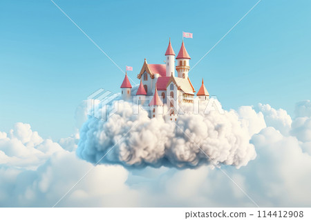 Whimsical castle perched atop fluffy clouds set against a serene sky 114412908
