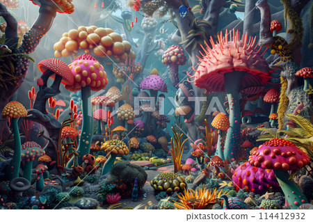 Exploring the enchanted undersea wonderland: a surreal. Vibrant. Depicted in digital art and computer-generated illustration with no people 114412932