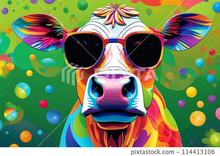 Bright fashionable cow in rainbow colors and fashionable sunglasses 114413106