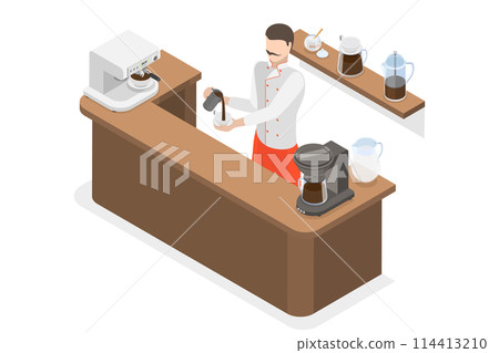 3D Isometric Flat  Conceptual Illustration of Barista, Coffee House 114413210
