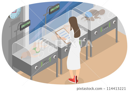 3D Isometric Flat Conceptual Illustration of Neonatologist, Hospital Preterm Baby Incubator 3D Isometric Flat Conceptual Illustration of Neonatologist, Hospital Preterm Baby Incubator 114413221