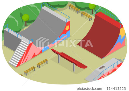 3D Isometric Flat Conceptual Illustration of Skateboarding Area, Skate Park 3D Isometric Flat Conceptual Illustration of Skateboarding Area, Skate Park 114413223