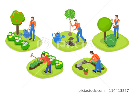 3D Isometric Flat Conceptual Illustration of Garden Landscape Worker, Backyard Landscaping 3D Isometric Flat Conceptual Illustration of Garden Landscape Worker, Backyard Landscaping 114413227