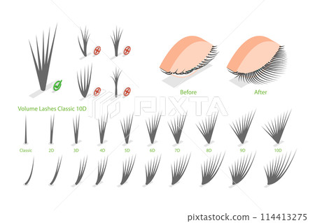 3D Isometric Flat  Conceptual Illustration of Eyelash Extension, Volume Boost Guide 114413275