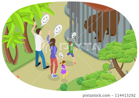 3D Isometric Flat Conceptual Illustration of Visiting Zoo, Family Time 3D Isometric Flat Conceptual Illustration of Visiting Zoo, Family Time 114413292