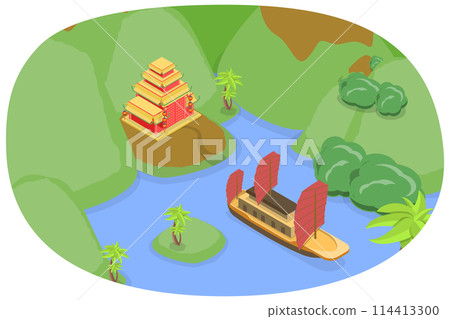 3D Isometric Flat  Conceptual Illustration of Vietnam Landscape, Exotic Scenery 114413300
