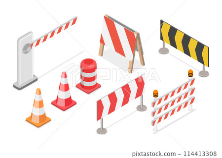 3D Isometric Flat  Set of Traffic Road Barriers , Roadblocks and Barricades 114413308