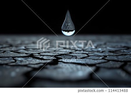 A single water droplet suspended above a cracked, parched surface. Generative AI. 114413488