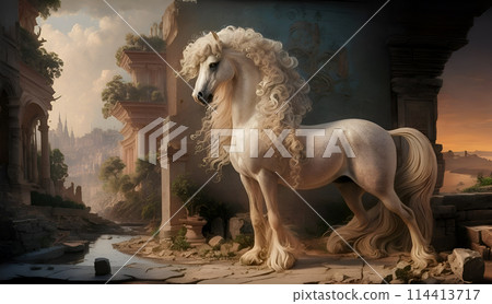 beautiful opulent ancient breed white horse with long tail and mane posing against ruins. Digital artwork in ancient engraving style. Ai generated 114413717