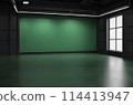 Photo and video studio with black walls, glass windows, black polished concrete floor, dark green backdrop, created with AI, generative AI 114413947