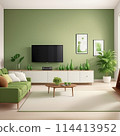 living room of the house is covered with white and green furniture 114413952