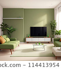 The living room of the house is covered with white and green furniture. generative ai 114413954