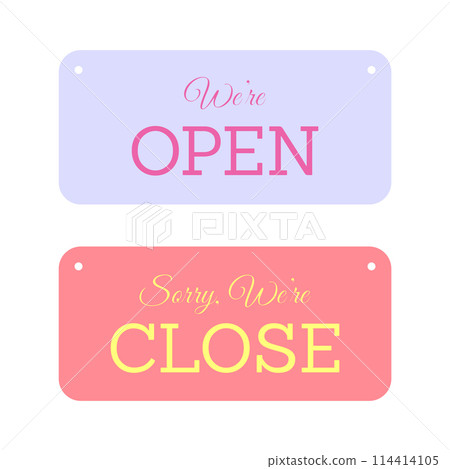 Lettering we are open closed for a door sign. Vector illustration Lettering we are open closed for a door sign. Vector illustration 114414105