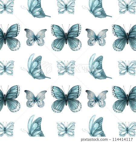 Butterflies, moths, insects, painted in watercolor. Seamless pattern in a beautiful monochrome color scheme, a shade of indigo. For decoration of interior textiles, tableware, clothes, accessories. 114414117