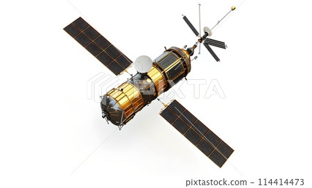 Isolated satellite floating against a white background. Modern space technology concept. Model suitable for scientific illustration. AI Isolated satellite floating against a white background. Modern space technology concept. Model suitable for scientific illustration. AI 114414473