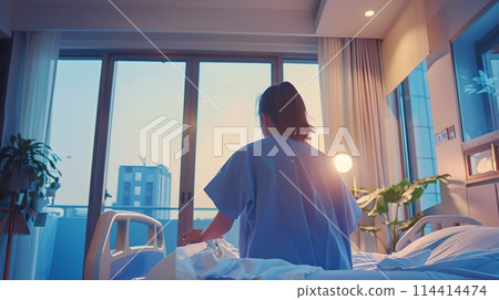 Young woman enjoys morning in a cozy bedroom with city view. Starting the day relaxed. Modern lifestyle scene. AI 114414474