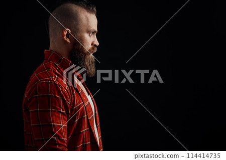 Headshot of Caucasian male with beard and mohawk, dressed in checkered red shirt Headshot of Caucasian male with beard and mohawk, dressed in checkered red shirt 114414735
