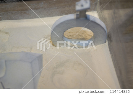 White polyamide powder and object on 3D printed from white polyamide powder close-up. Polyamide powder for creating objects on 3D printer. Additive MJF Multi Jet Fusion technologies. Thermoplastic 114414825