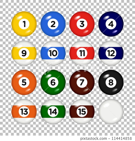 Billiard, pool balls with numbers collection. 3d objects Realistic glossy snooker ball. transparent background. Vector illustration 114414858