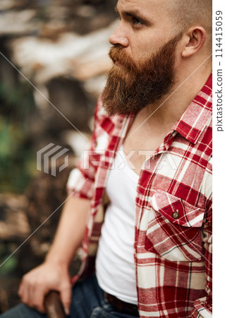 man hipster with beard on serious face cloth shirt man hipster with beard on serious face cloth shirt 114415059