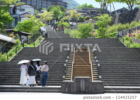 Fresh greenery at Ikaho Onsen, stone steps entrance 114415257