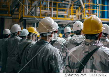 workers helmets at the factory, view from the back, group of workers, change of workers in the factory, people go in helmets and uniforms for an industrial enterprise workers helmets at the factory, view from the back, group of workers, change of workers in the factory, people go in helmets and uniforms for an industrial enterprise 114415367
