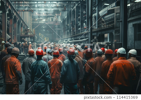 workers helmets at the factory, view from the back, group of workers, change of workers in the factory, people go in helmets and uniforms for an industrial enterprise 114415369