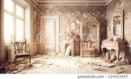 Interior of an old abandoned ruined room. Urban rotting house. AI generated. 114415447